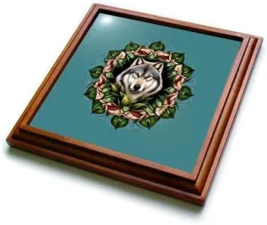 3dRose A Timber Wolf Surrounded by Ladys Slipper Minnesota State Tattoo Art - Trivets (trv-383474-1)