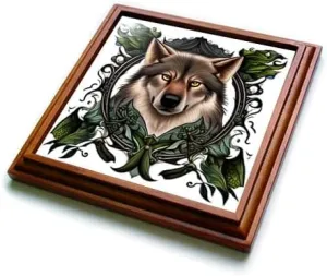 3dRose A Timber Wolf Surrounded by Ladys Slipper Minnesota State Tattoo Art - Trivets (trv-384704-1)