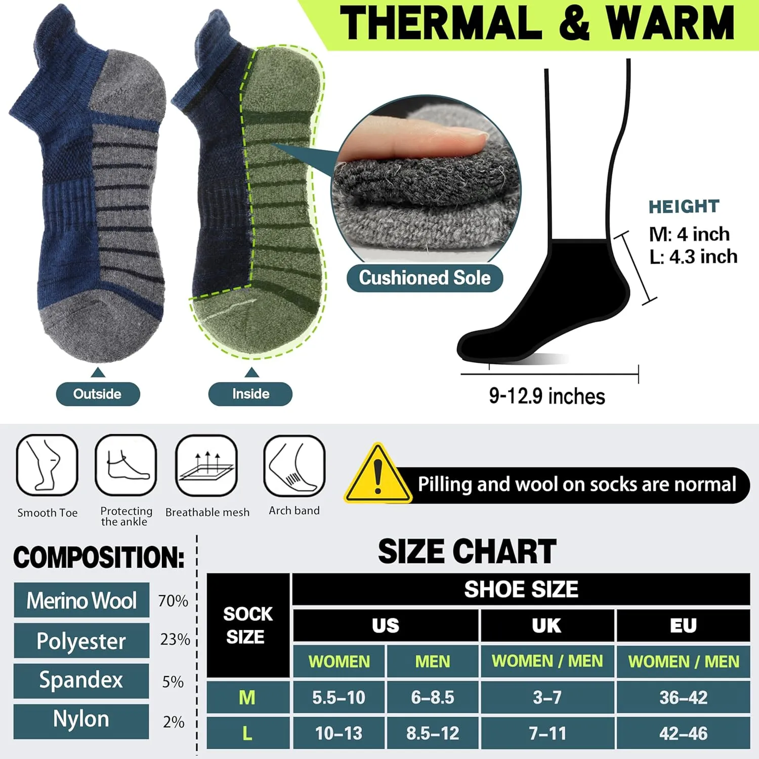 6 Pairs Merino Wool Ankle Hiking Running Socks Compression Support Thick Athletic Low Cut Socks for Women Men