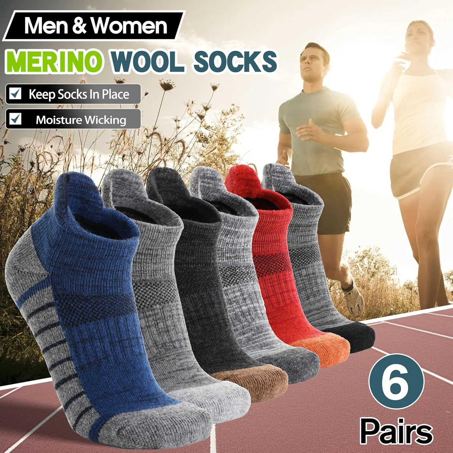 6 Pairs Merino Wool Ankle Hiking Running Socks Compression Support Thick Athletic Low Cut Socks for Women Men
