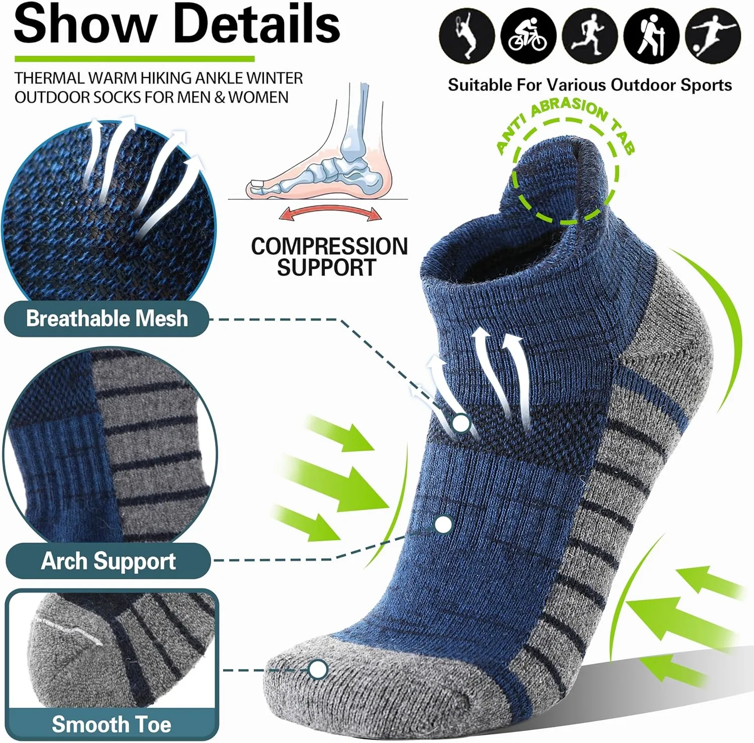 6 Pairs Merino Wool Ankle Hiking Running Socks Compression Support Thick Athletic Low Cut Socks for Women Men