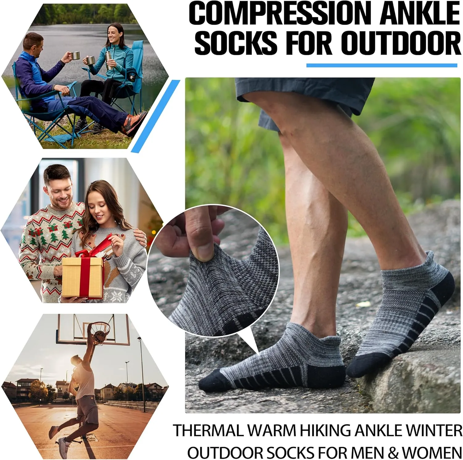 6 Pairs Merino Wool Ankle Hiking Running Socks Compression Support Thick Athletic Low Cut Socks for Women Men