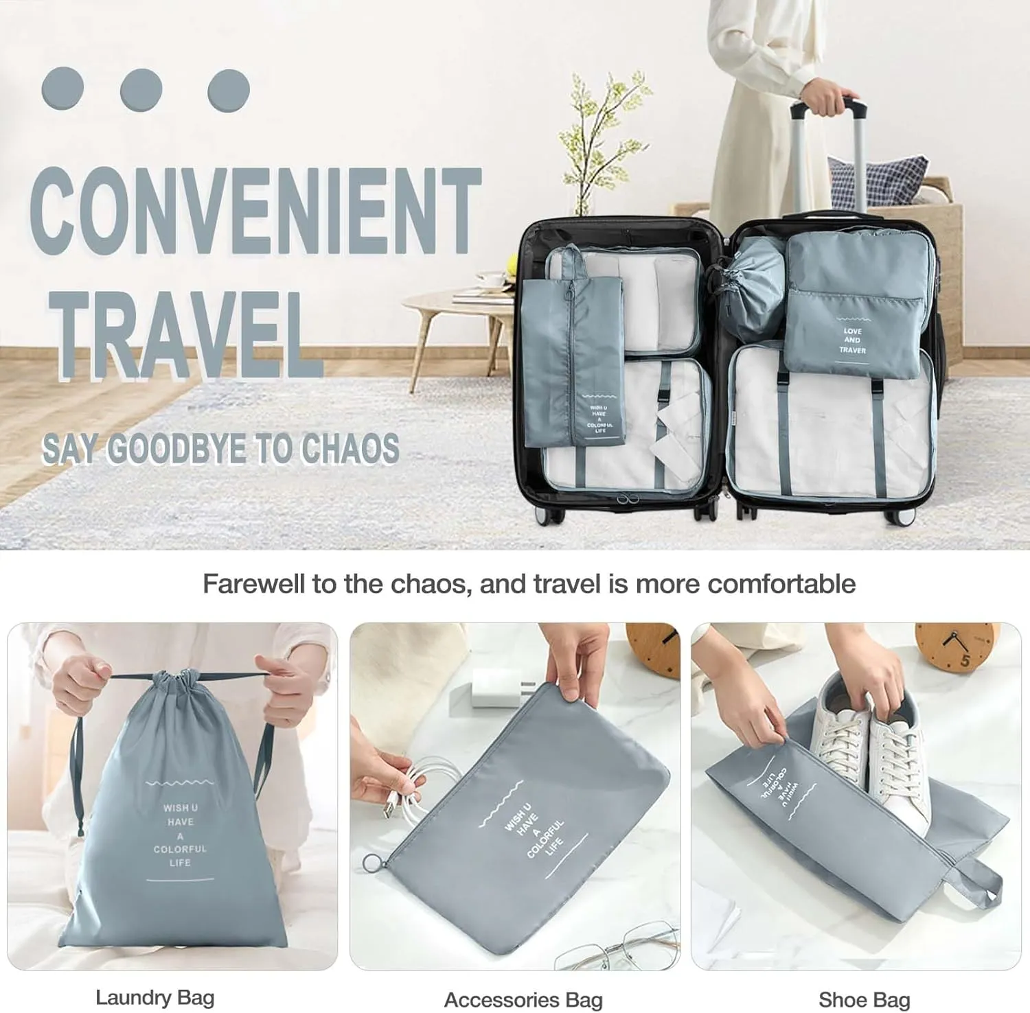 7 Set Packing Cubes for Suitcases,Packing Cube with Shoe, Cosmetics, Clothing, and Accessories Bags Packing Cubes for Travel Luggage Organizer Women Men(Grey)