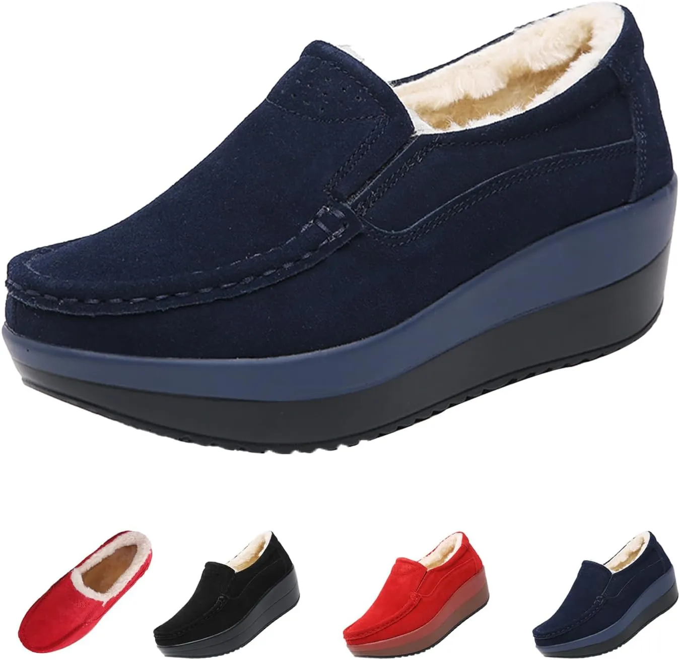 AngryMonkey Women's Winter Fashion Platform Sneakers High Hidden Heel Wedge Moccasin Slip-on Casual Non-Slip Suede Walking Shoes