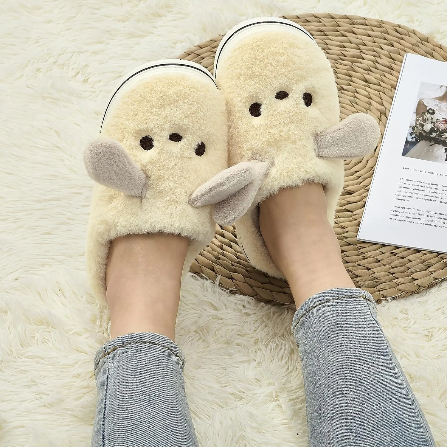 Animal Slippers for Women Indoor - Cute Fuzzy Warm Cozy Plush House Dog Slippers Memory Foam Slip On Bedroom Home Shoes