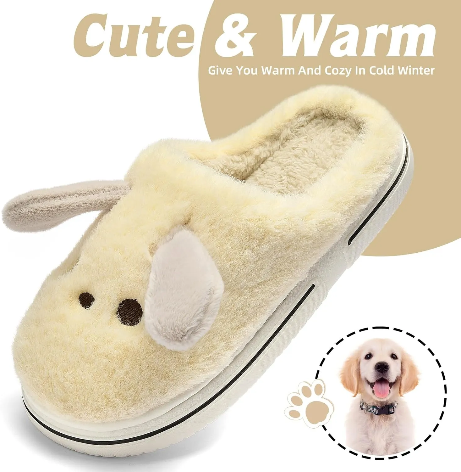 Animal Slippers for Women Indoor - Cute Fuzzy Warm Cozy Plush House Dog Slippers Memory Foam Slip On Bedroom Home Shoes