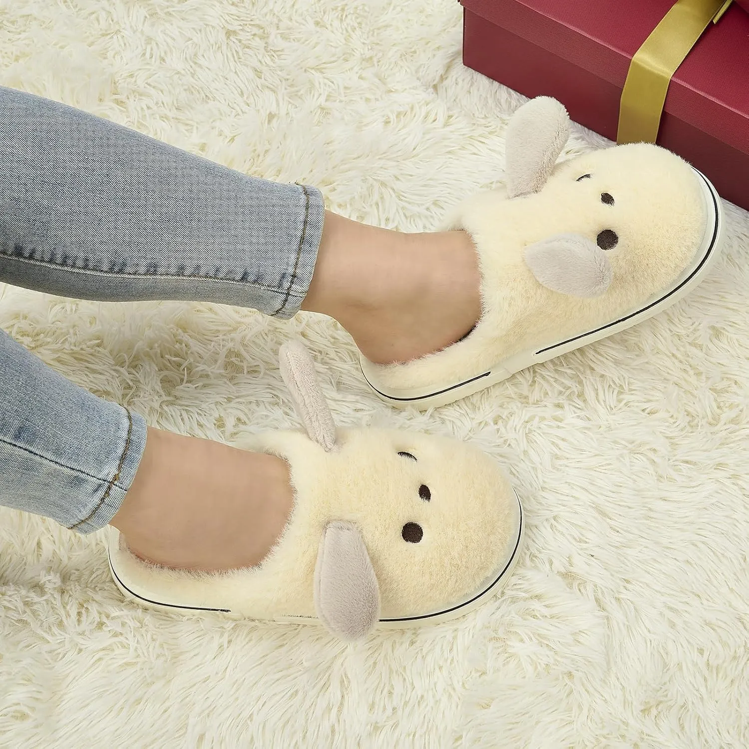 Animal Slippers for Women Indoor - Cute Fuzzy Warm Cozy Plush House Dog Slippers Memory Foam Slip On Bedroom Home Shoes