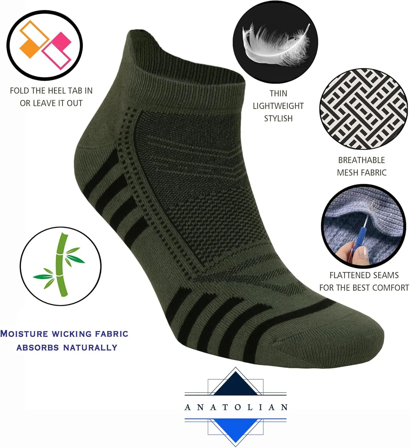 Ankle Socks with back Heel Tab for Men Low Cut Cool Comfort Fit Athletic Performance 6 pair pack