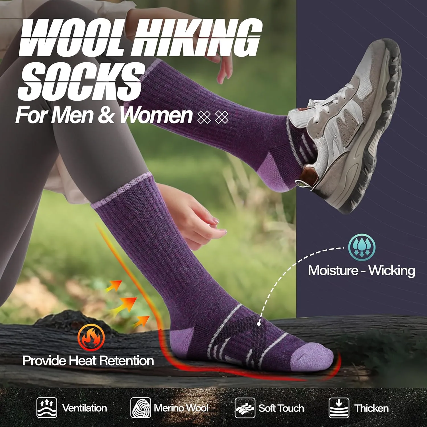 ANTSANG 5 Pairs Merino Wool Hiking Socks for Men & Women Thermal Winter Warm Moisture Wicking Cushion Boot Socks