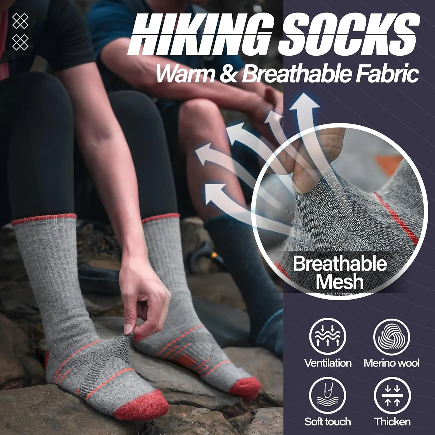 ANTSANG 5 Pairs Merino Wool Hiking Socks for Men & Women Thermal Winter Warm Moisture Wicking Cushion Boot Socks