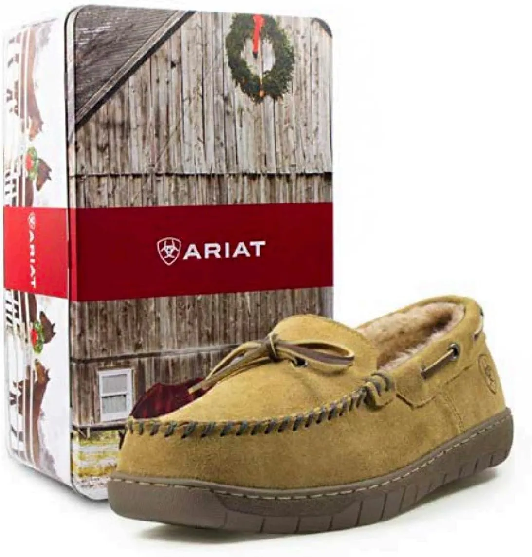 ARIAT Men's Indoor/Outdoor Warm Comfortable Harrison Moccasin Slippers with Genuine Suede Leather Upper in Gift Tin Box