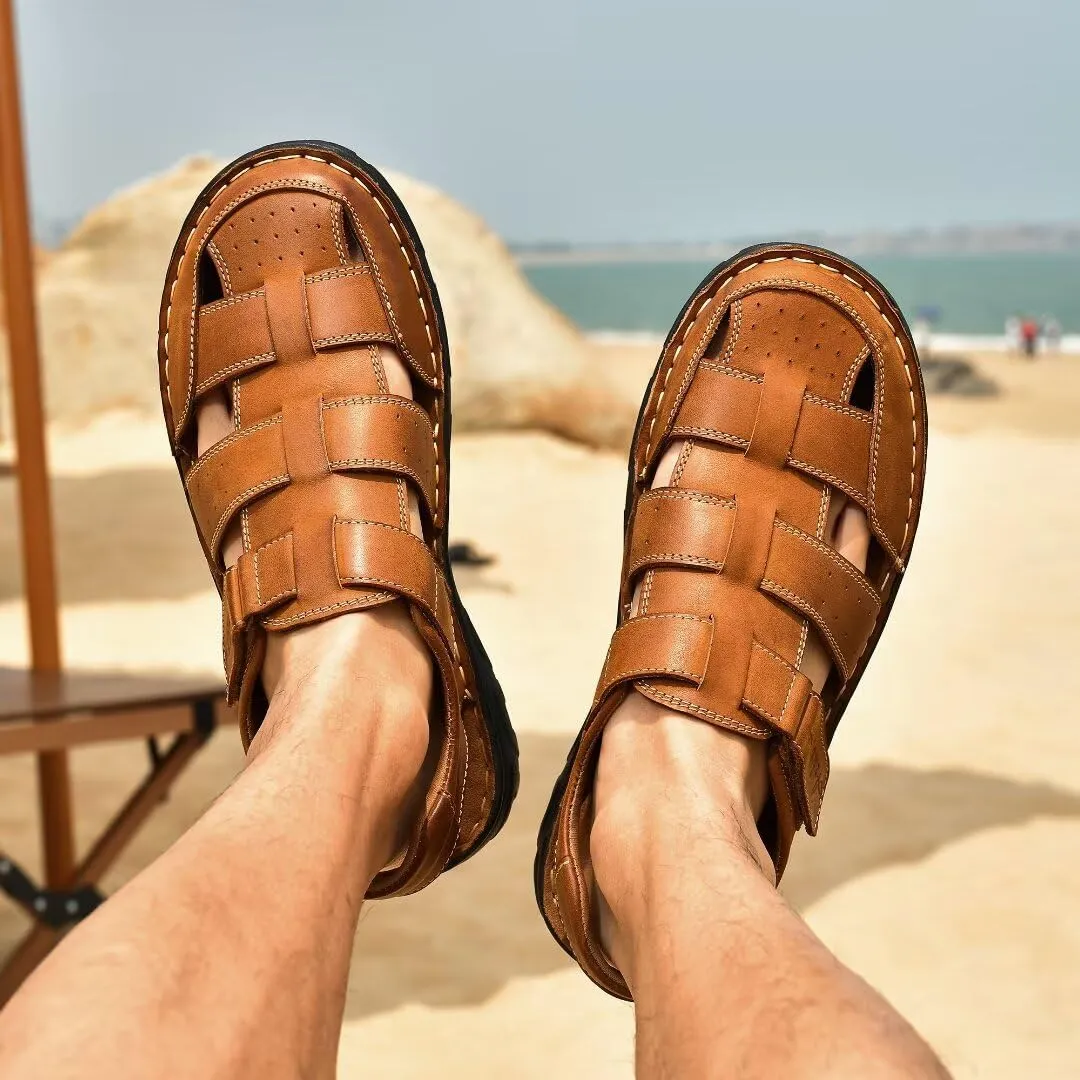 Arkbird Men's Sandals, Closed Toe Leather Fisherman Outdoor Hiking Sport Shoes Summer