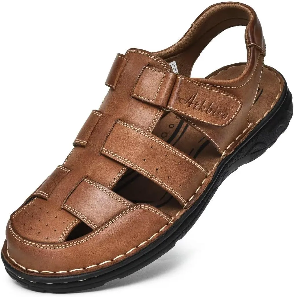 Arkbird Men's Sandals, Closed Toe Leather Fisherman Outdoor Hiking Sport Shoes Summer