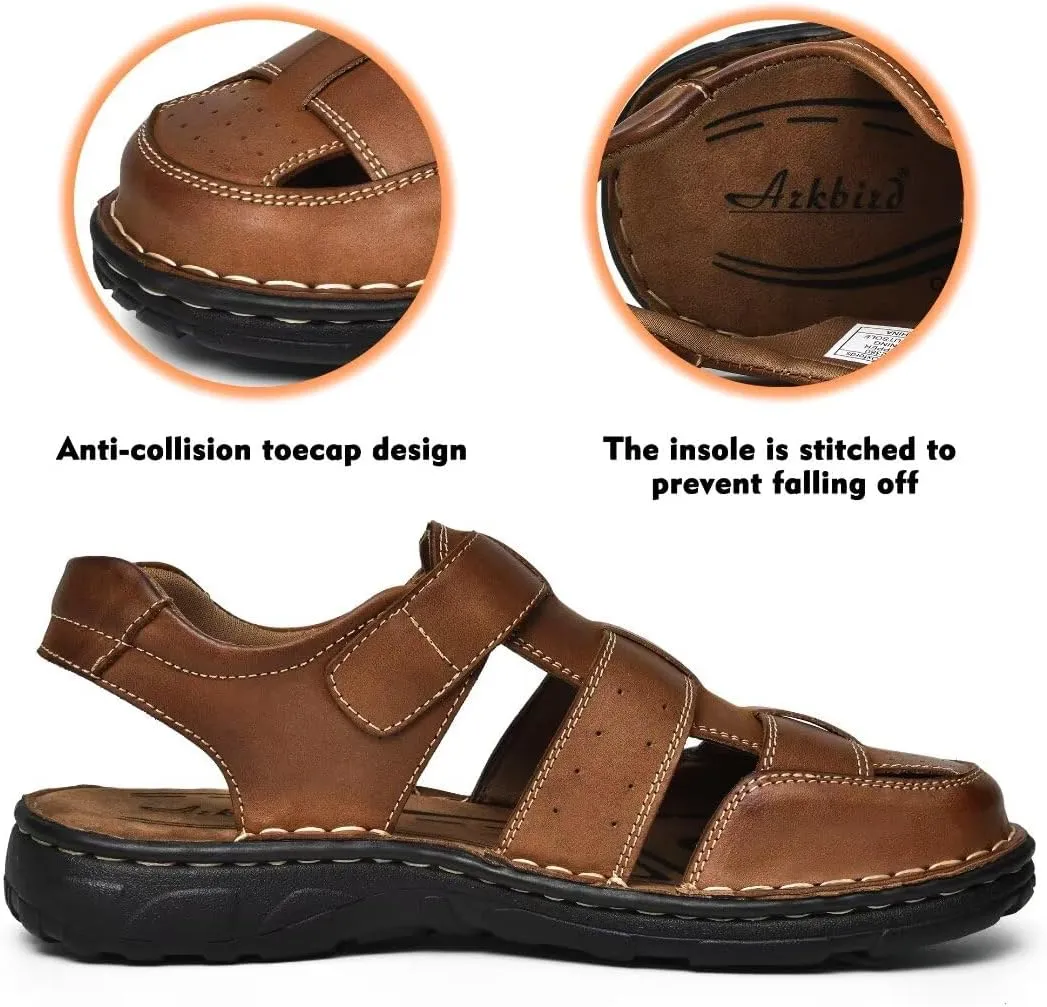 Arkbird Men's Sandals, Closed Toe Leather Fisherman Outdoor Hiking Sport Shoes Summer