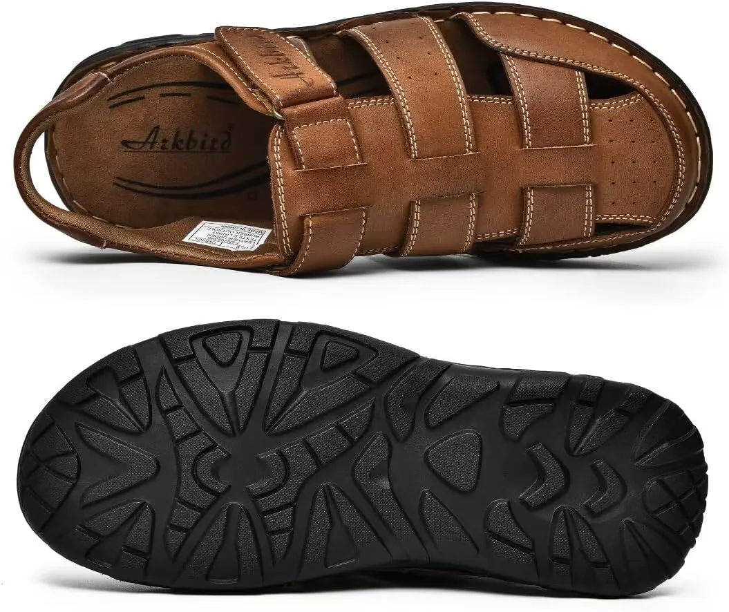 Arkbird Men's Sandals, Closed Toe Leather Fisherman Outdoor Hiking Sport Shoes Summer