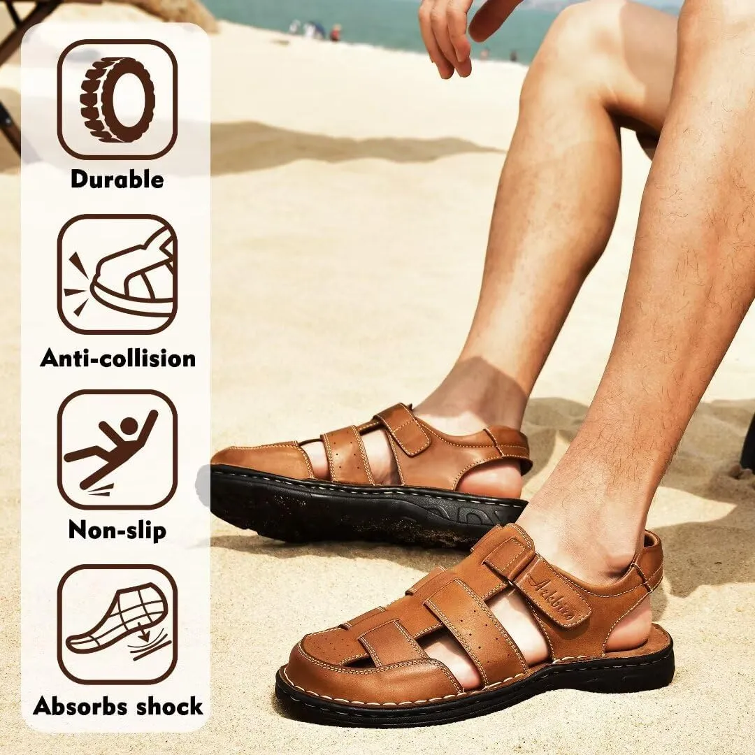 Arkbird Men's Sandals, Closed Toe Leather Fisherman Outdoor Hiking Sport Shoes Summer
