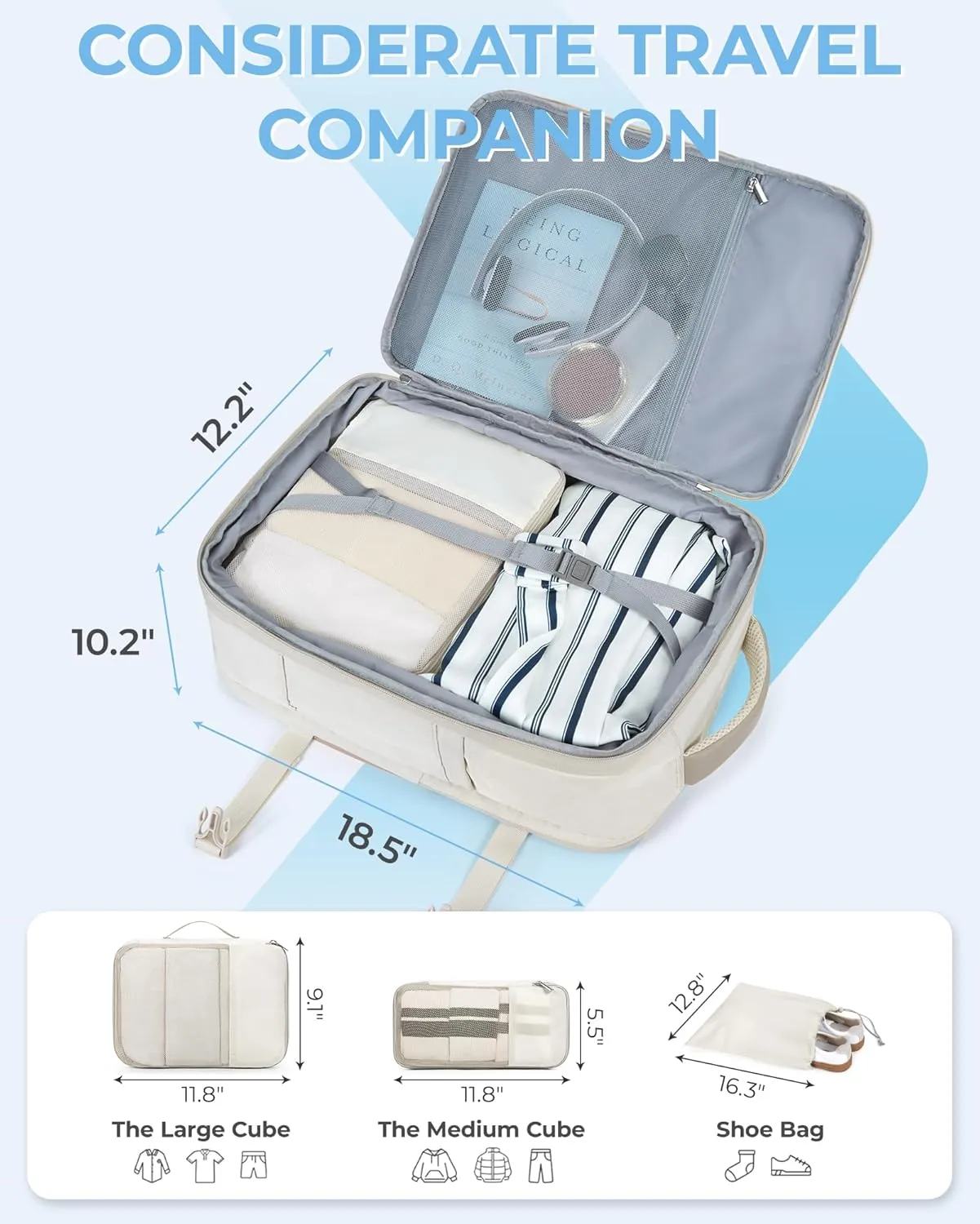 BAGSMART Compression Travel Backpack, 40L Expandable Carry On Backpack with Packing Cubes, Water Resistant Weekender Backpack Fits 17 Inch laptop, Large Overnight Luggage Daypack with Shoe Bag,Beige