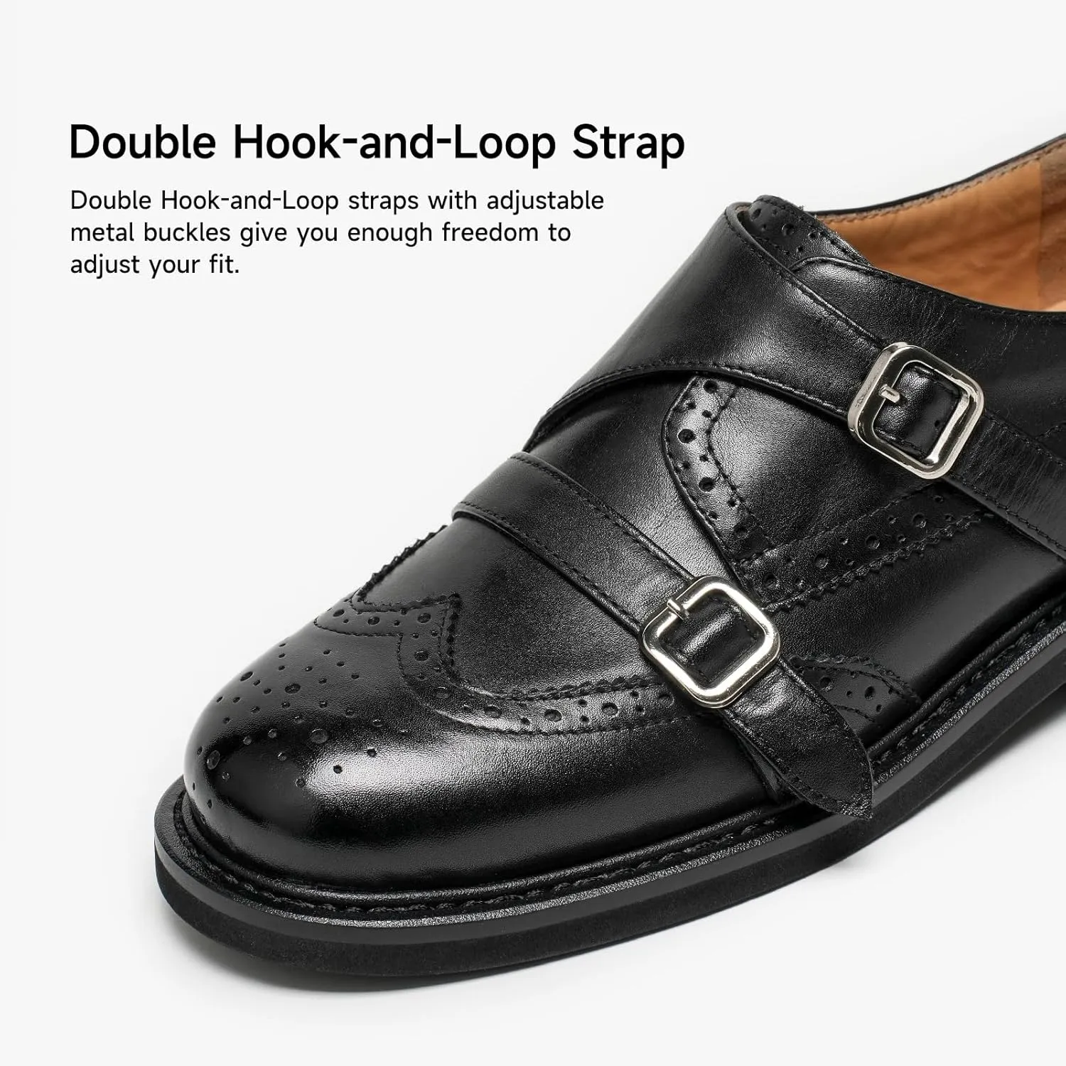 BEAU TODAY Women's Leather Loafers, Monk Strap Loafers Women, Dressy Round Toe Loafer Flats, Comfortable Business Casual Brogue Shoes