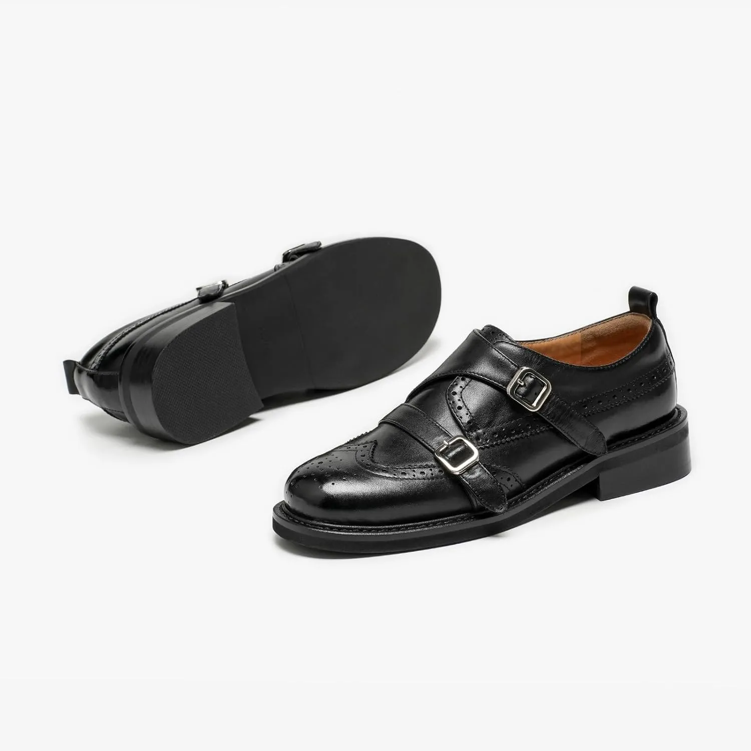 BEAU TODAY Women's Leather Loafers, Monk Strap Loafers Women, Dressy Round Toe Loafer Flats, Comfortable Business Casual Brogue Shoes