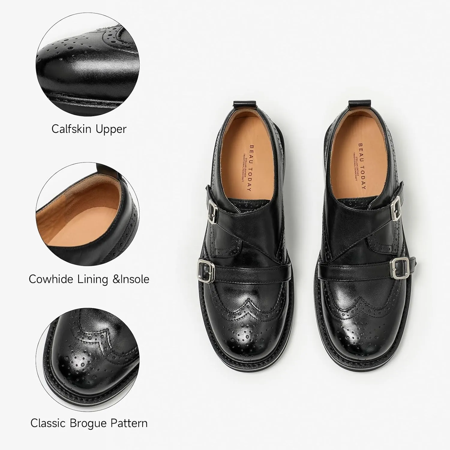 BEAU TODAY Women's Leather Loafers, Monk Strap Loafers Women, Dressy Round Toe Loafer Flats, Comfortable Business Casual Brogue Shoes