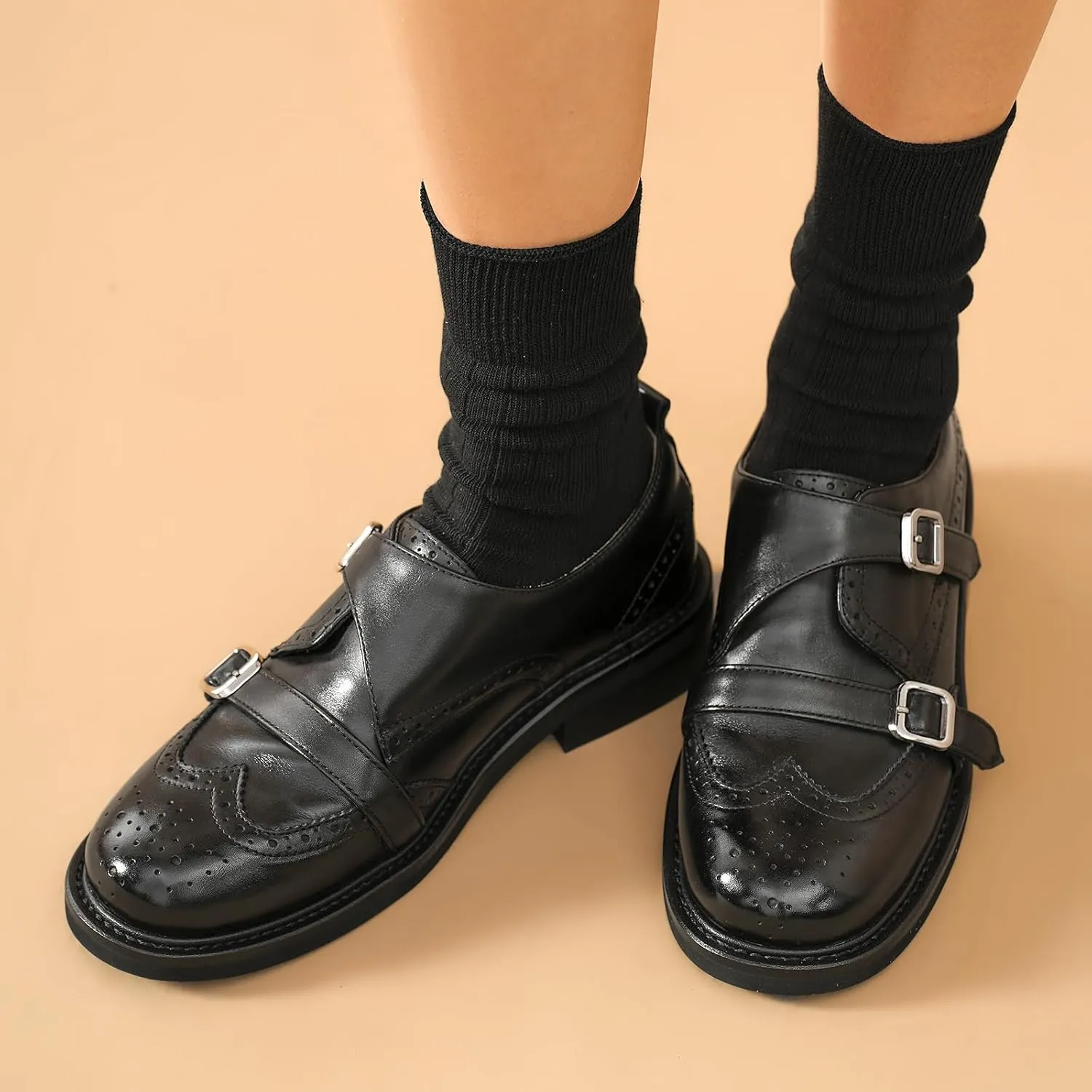 BEAU TODAY Women's Leather Loafers, Monk Strap Loafers Women, Dressy Round Toe Loafer Flats, Comfortable Business Casual Brogue Shoes