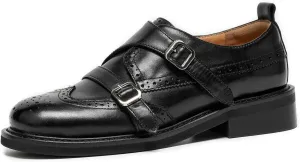 BEAU TODAY Women's Leather Loafers, Monk Strap Loafers Women, Dressy Round Toe Loafer Flats, Comfortable Business Casual Brogue Shoes