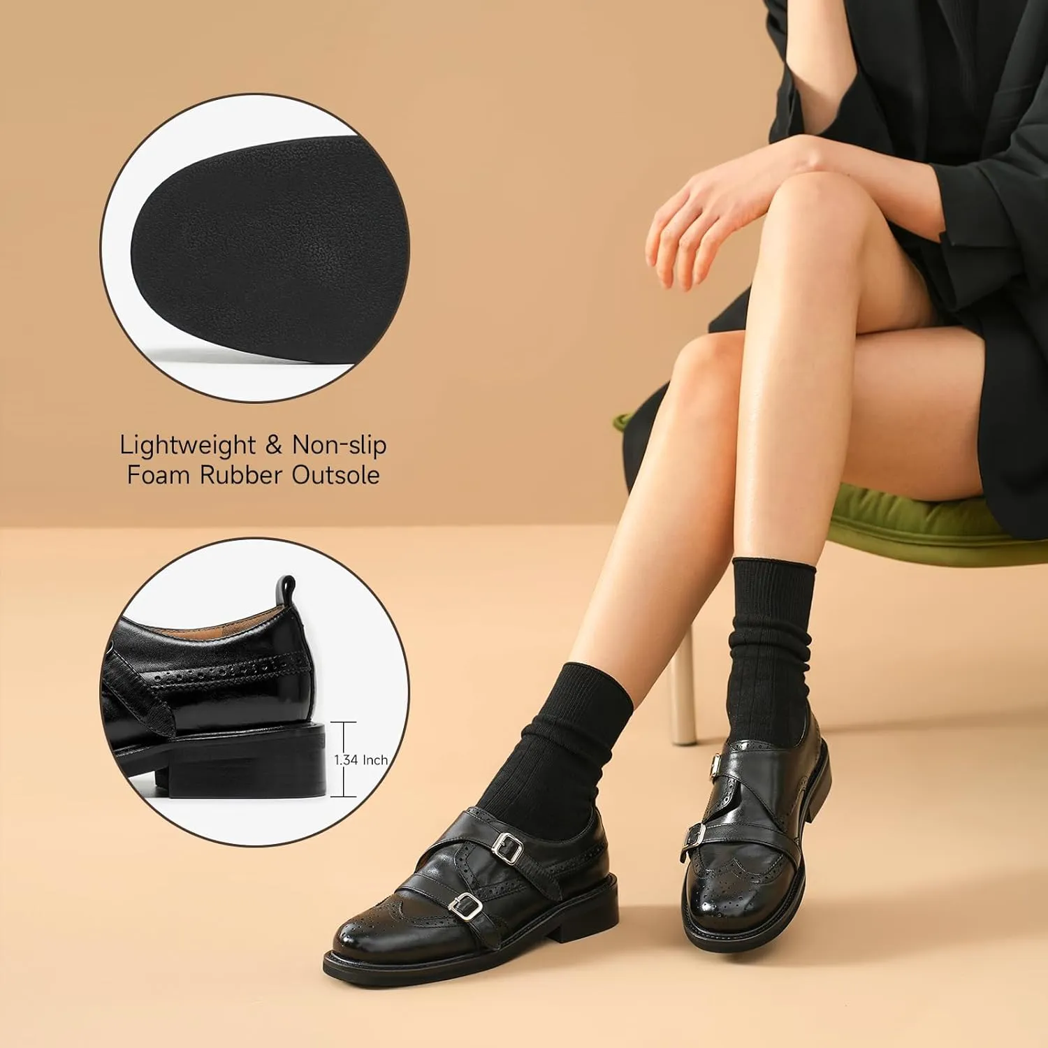 BEAU TODAY Women's Leather Loafers, Monk Strap Loafers Women, Dressy Round Toe Loafer Flats, Comfortable Business Casual Brogue Shoes