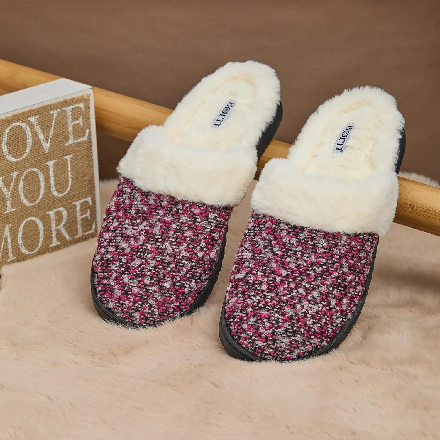 BORN Clog or Scuff Womens Slippers with Memory Foam and Non-Slip Sole, Soft and Comfy Bedroom Slippers for Women