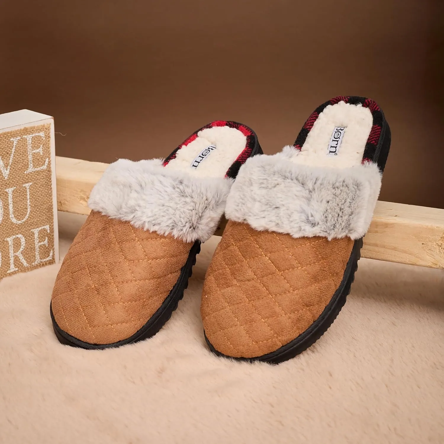 BORN Clog or Scuff Womens Slippers with Memory Foam and Non-Slip Sole, Soft and Comfy Bedroom Slippers for Women