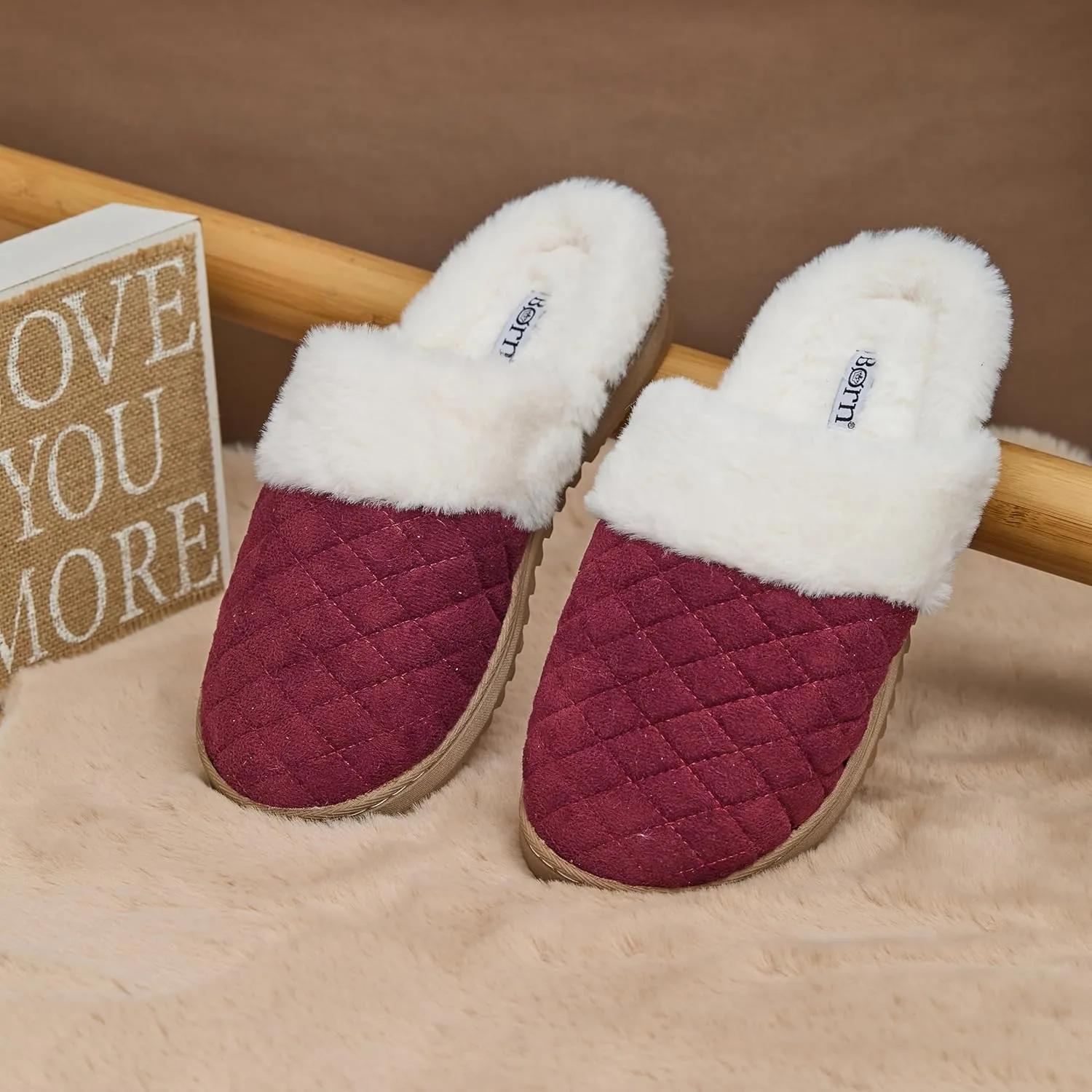 BORN Clog or Scuff Womens Slippers with Memory Foam and Non-Slip Sole, Soft and Comfy Bedroom Slippers for Women