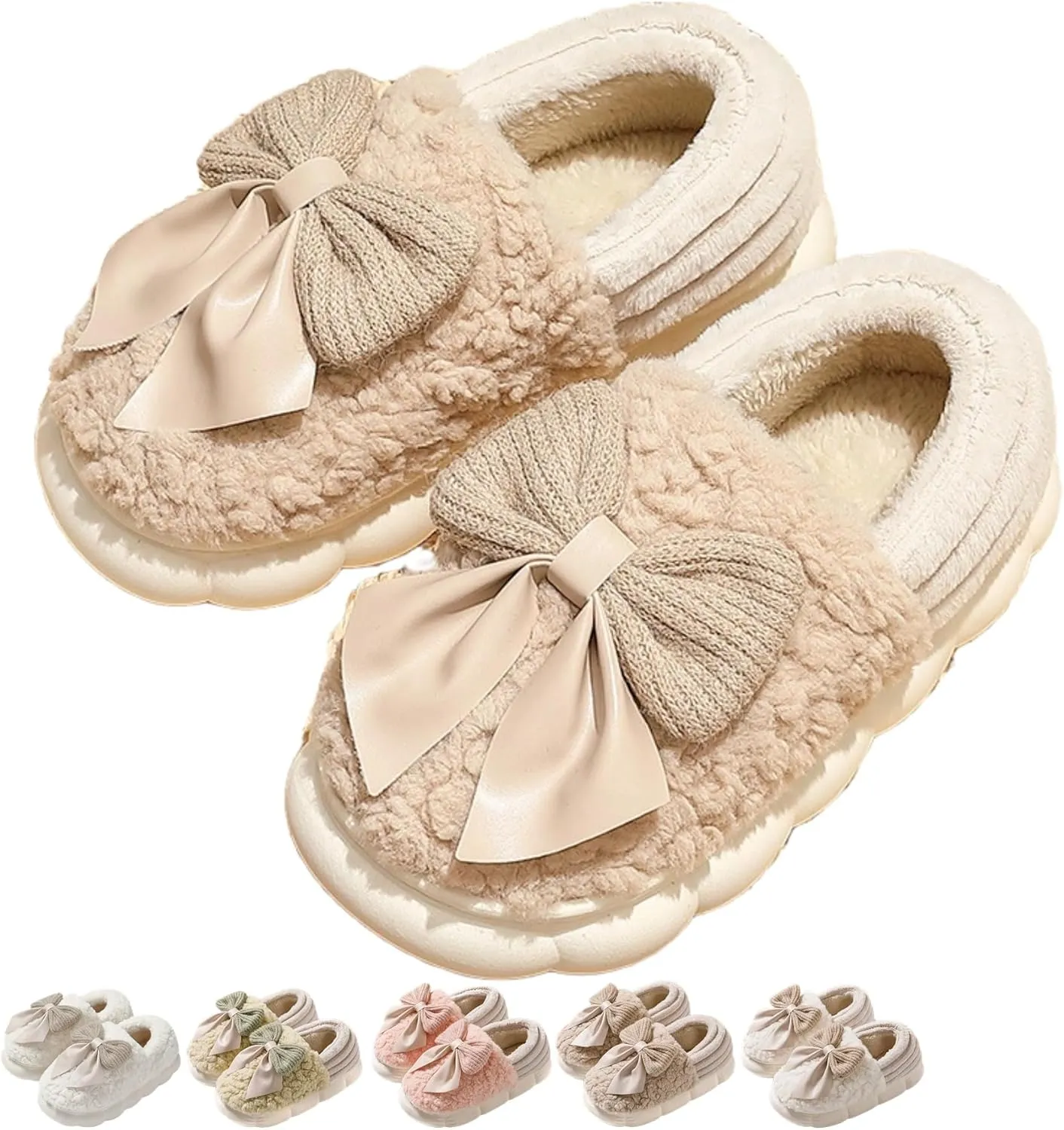 Bow Slippers Cute Cozy Soft Fuzzy Slippers for Womens Bow Tie Winter House Warm Slippers Shoes Indoor Non Slip Home Slippers Ladies Bedroom Indoor Slipper