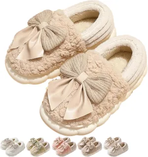Bow Slippers Cute Cozy Soft Fuzzy Slippers for Womens Bow Tie Winter House Warm Slippers Shoes Indoor Non Slip Home Slippers Ladies Bedroom Indoor Slipper