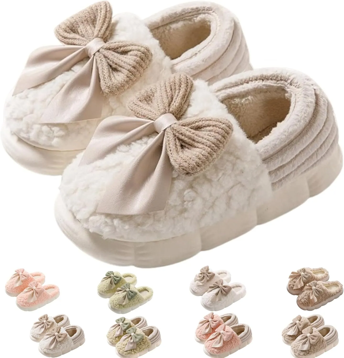 Bow Slippers for Women, Cute Cartoon Fluffy Warm Slippers with Bow, Winter Cozy House Slippers Plush Indoor Outdoor Shoes