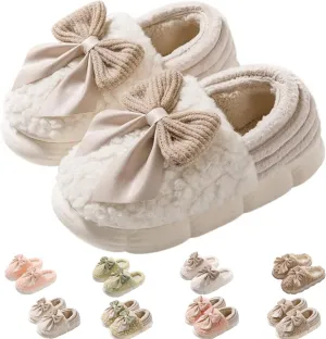 Bow Slippers for Women, Cute Cartoon Fluffy Warm Slippers with Bow, Winter Cozy House Slippers Plush Indoor Outdoor Shoes