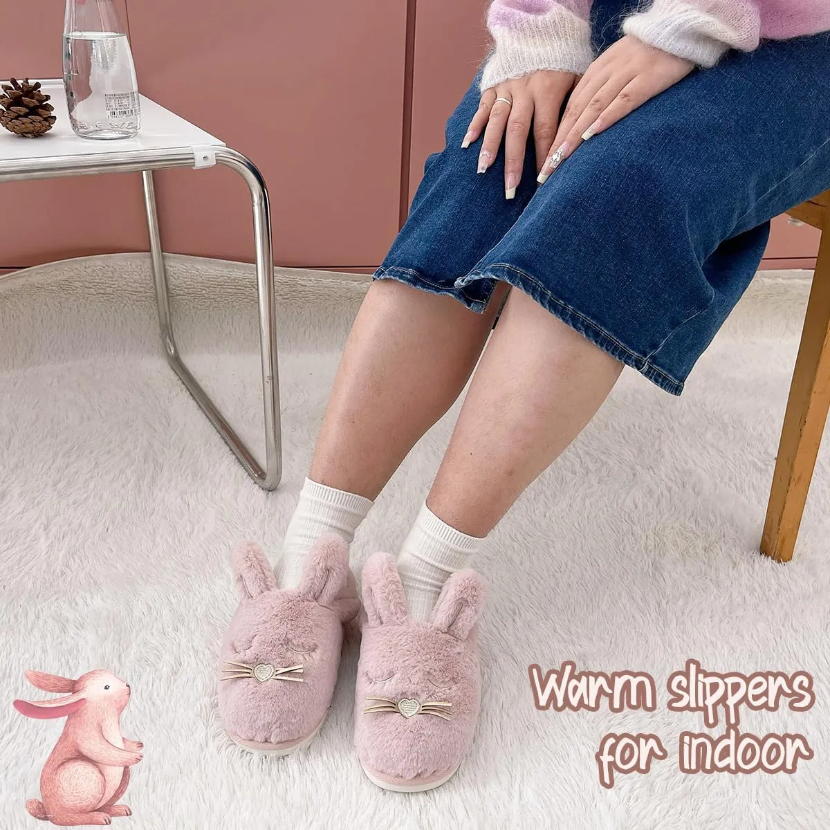 Caramella Bubble Bunny Slippers for Women Fuzzy Cute Animal Memory Foam House Rabbit Slippers Indoor Outdoor