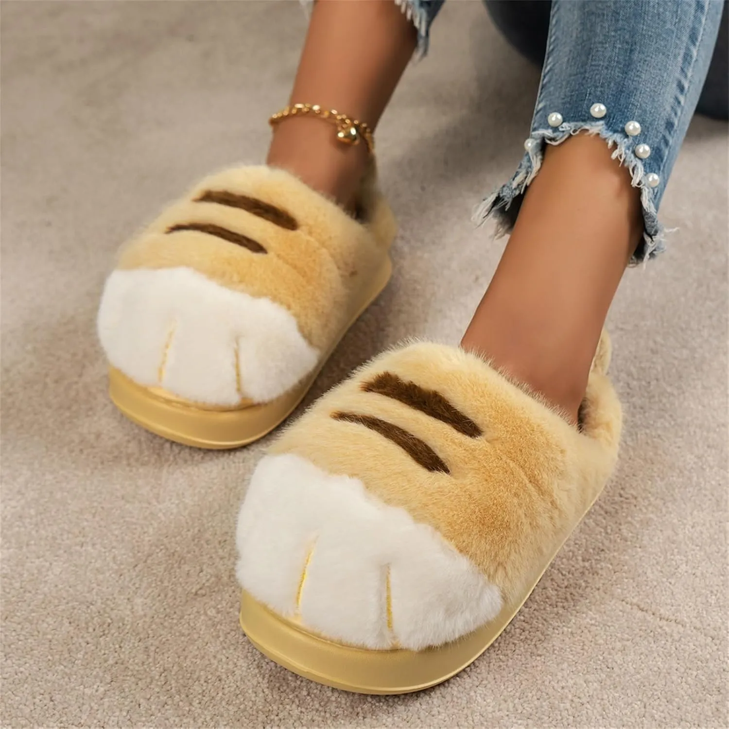 Cat Paw Slippers, Cat Slippers for Women 3D Cat Paw Cartoon Slipper Warm Fluffy Furry Winter Indoor Outdoor Slides