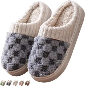 Checkered Slippers for Women Indoor Slides Non Slip House Slippers for Women Men Couple Plush Warm Home Slippers Fuzzy Slippers Bedroom Shoes Slip On Slippers