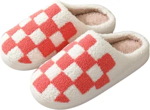 Checkered Slippers for Women Men, Cozy Plush Warm Slip-on Plaid House Slippers for Indoor and Outdoor Bedroom House Shoes with Faux Fur Lining