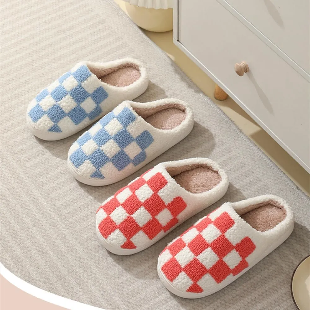 Checkered Slippers for Women Men, Cozy Plush Warm Slip-on Plaid House Slippers for Indoor and Outdoor Bedroom House Shoes with Faux Fur Lining