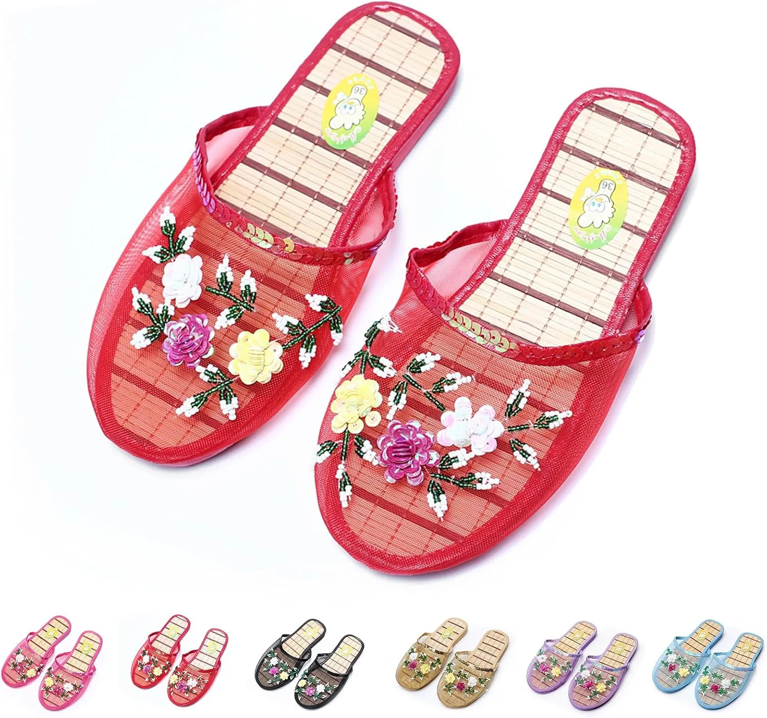 Chinese Slippers for Women, Mesh Bamboo Flats Floral Slippers, Breathable Home Comfort Chinese Style Sandal