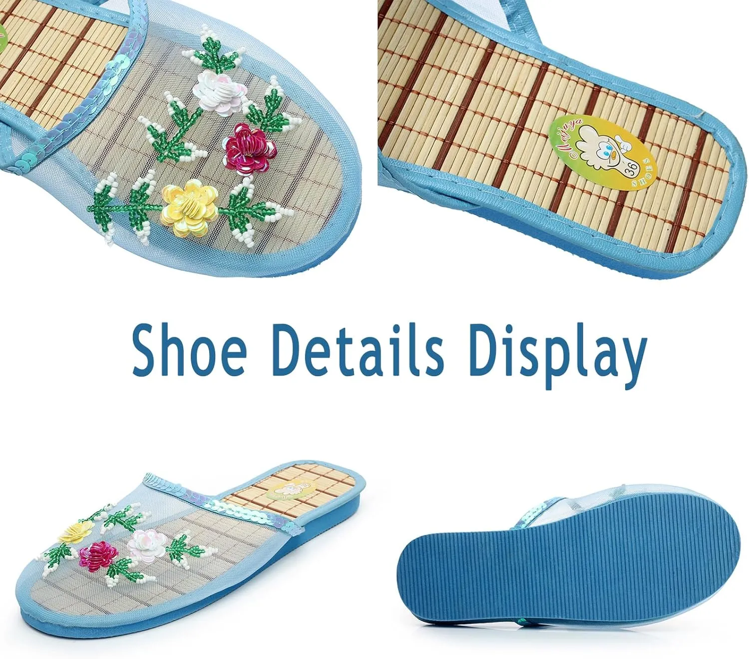 Chinese Slippers for Women, Mesh Bamboo Flats Floral Slippers, Breathable Home Comfort Chinese Style Sandal