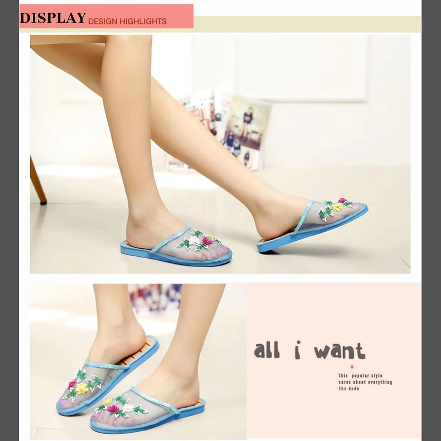 Chinese Slippers for Women, Mesh Bamboo Flats Floral Slippers, Breathable Home Comfort Chinese Style Sandal