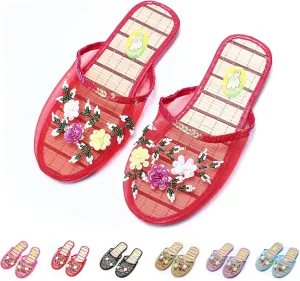 Chinese Slippers for Women, Mesh Bamboo Flats Floral Slippers, Breathable Home Comfort Chinese Style Sandal