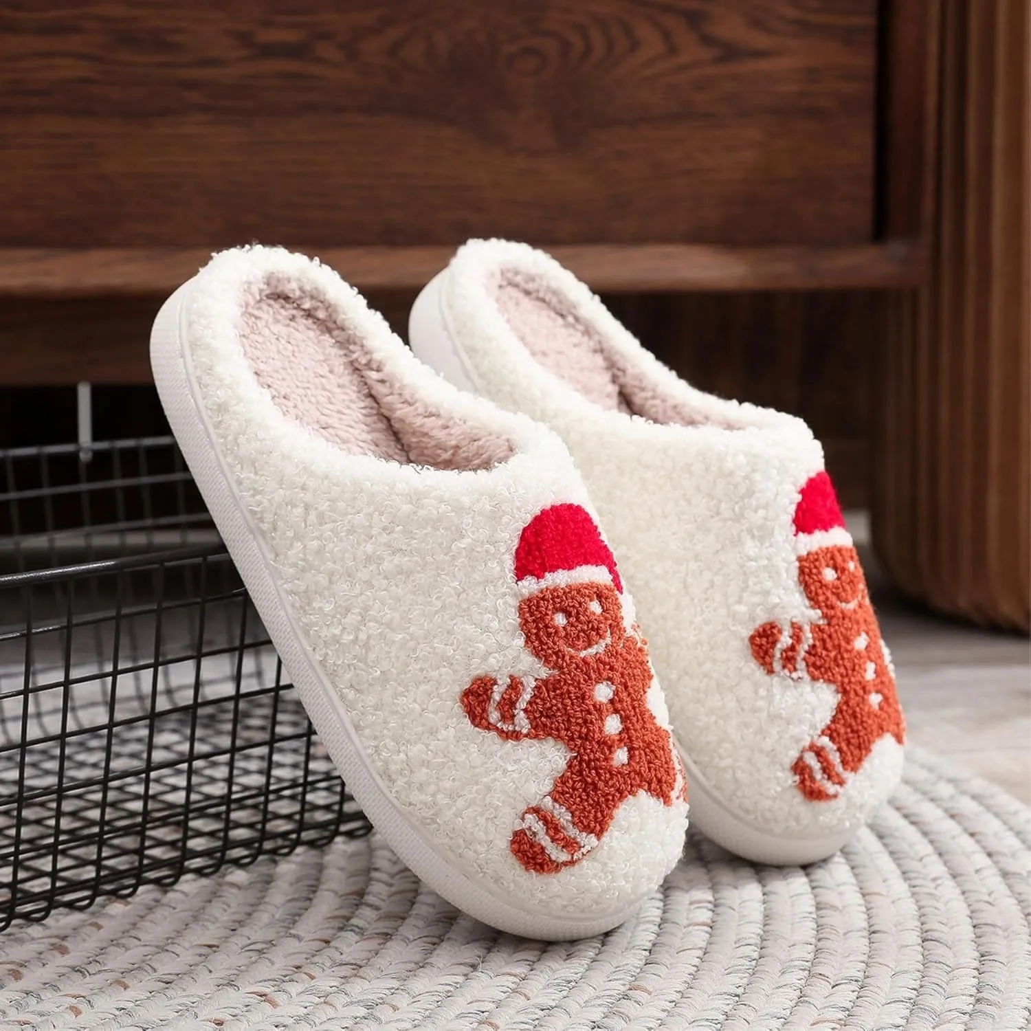 Christmas Gingerbread Man Fuzzy Slippers for Women and Men - Winter Warm House Couple Shoes - Cozy Indoor Home Bedroom Slippers