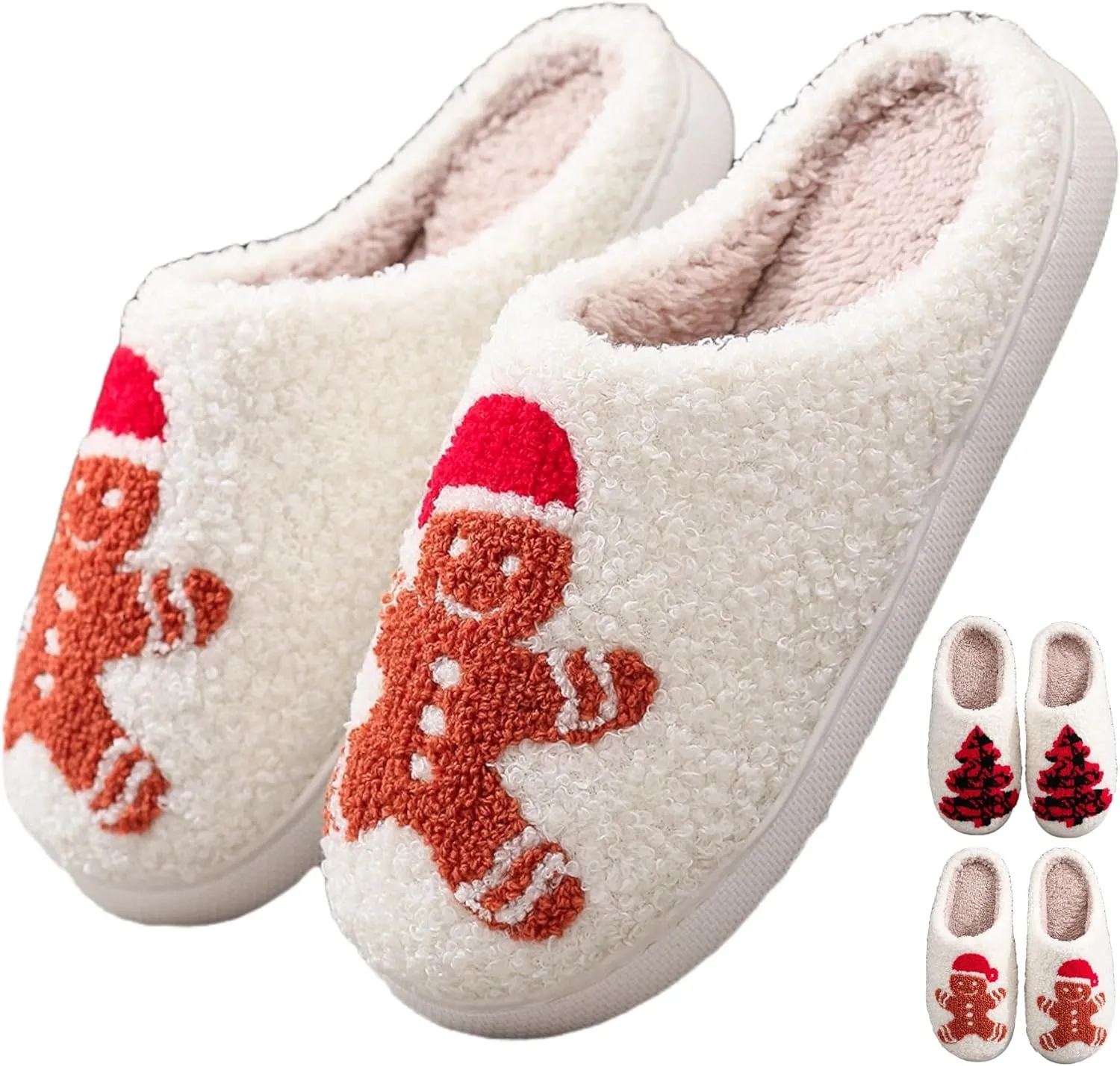 Christmas Gingerbread Man Fuzzy Slippers for Women and Men - Winter Warm House Couple Shoes - Cozy Indoor Home Bedroom Slippers