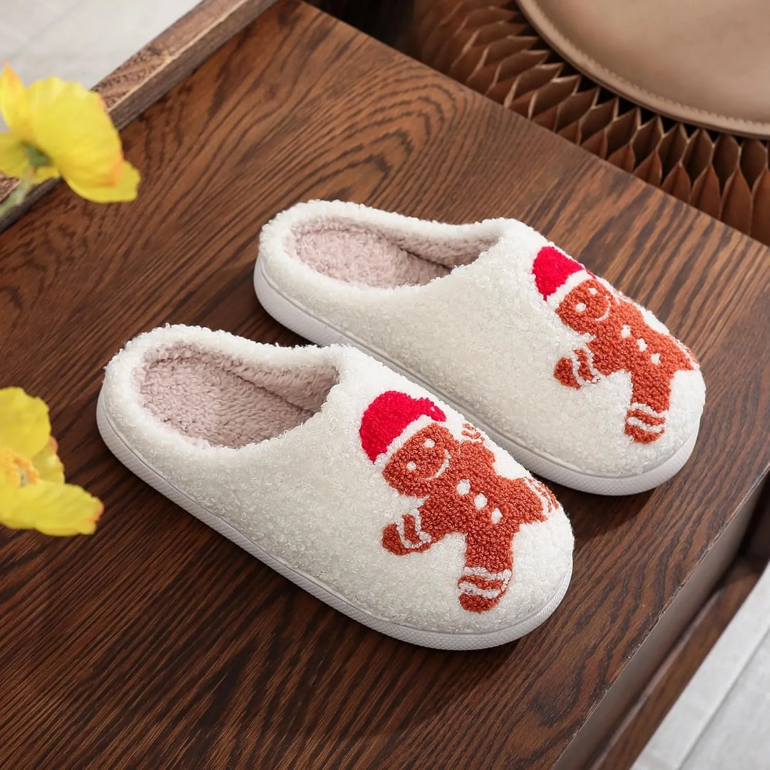 Christmas Gingerbread Man Fuzzy Slippers for Women and Men - Winter Warm House Couple Shoes - Cozy Indoor Home Bedroom Slippers