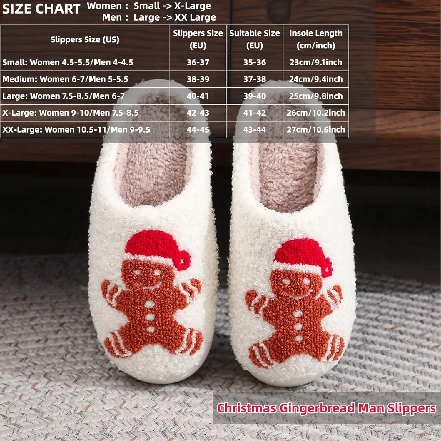Christmas Gingerbread Man Fuzzy Slippers for Women and Men - Winter Warm House Couple Shoes - Cozy Indoor Home Bedroom Slippers