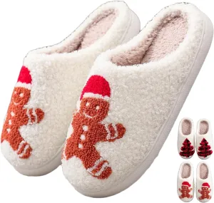 Christmas Gingerbread Man Fuzzy Slippers for Women and Men - Winter Warm House Couple Shoes - Cozy Indoor Home Bedroom Slippers