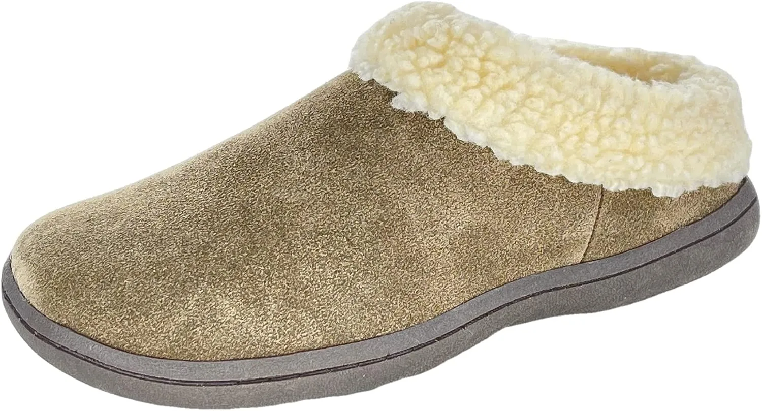 Clarks Womens Slipper Suede Leather With Faux Sherpa Collar JMH1894 - Plush Memory Foam Footbed - Indoor Outdoor House Slippers For Women (6 M US, Sage)