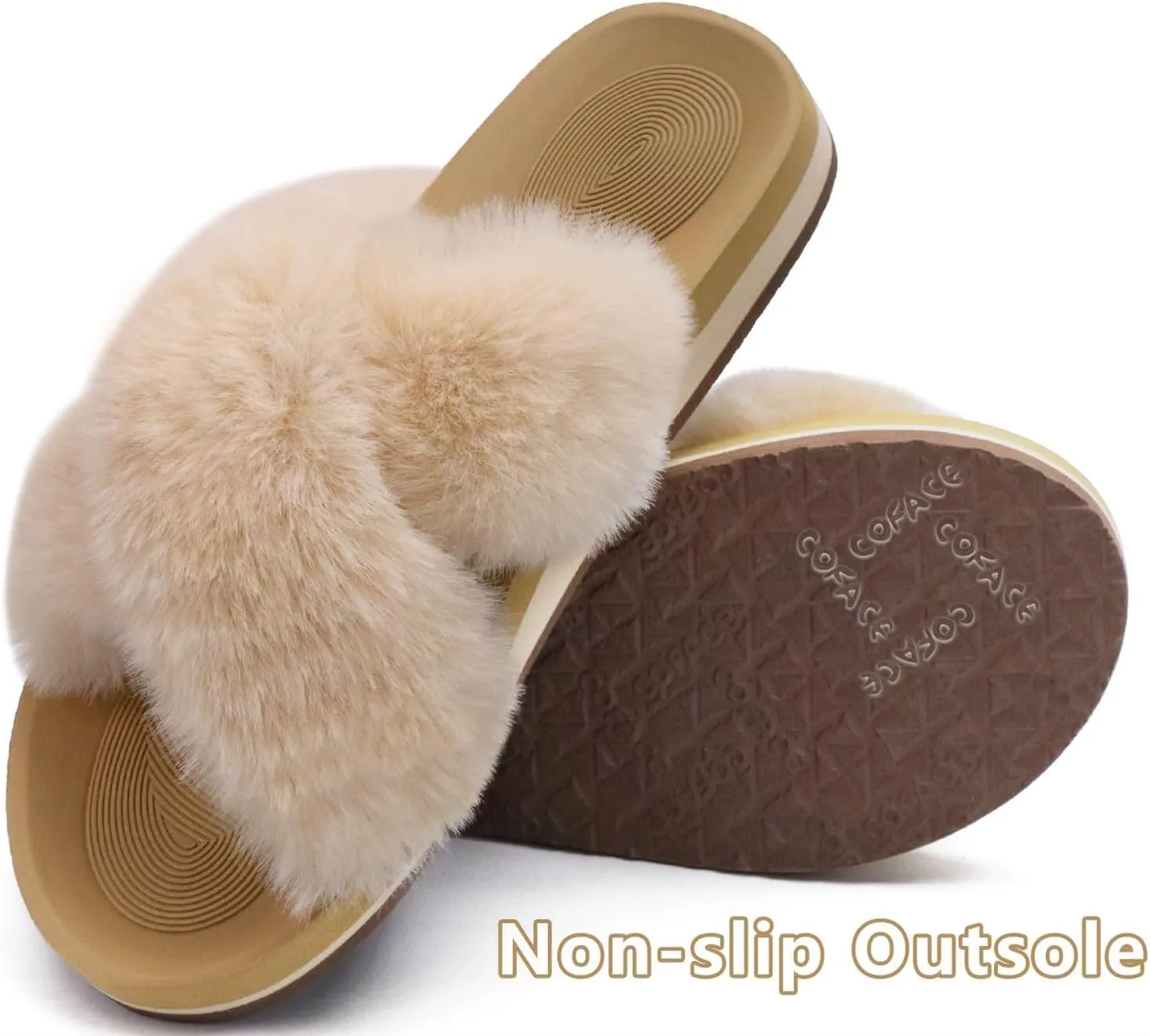 COFACE Womens Fuzzy Slides Fluff Faux Fur Cross Slippers Open Toe Yoga Mat House Slippers Sandals With Arch Support For Indoor/Outdoor